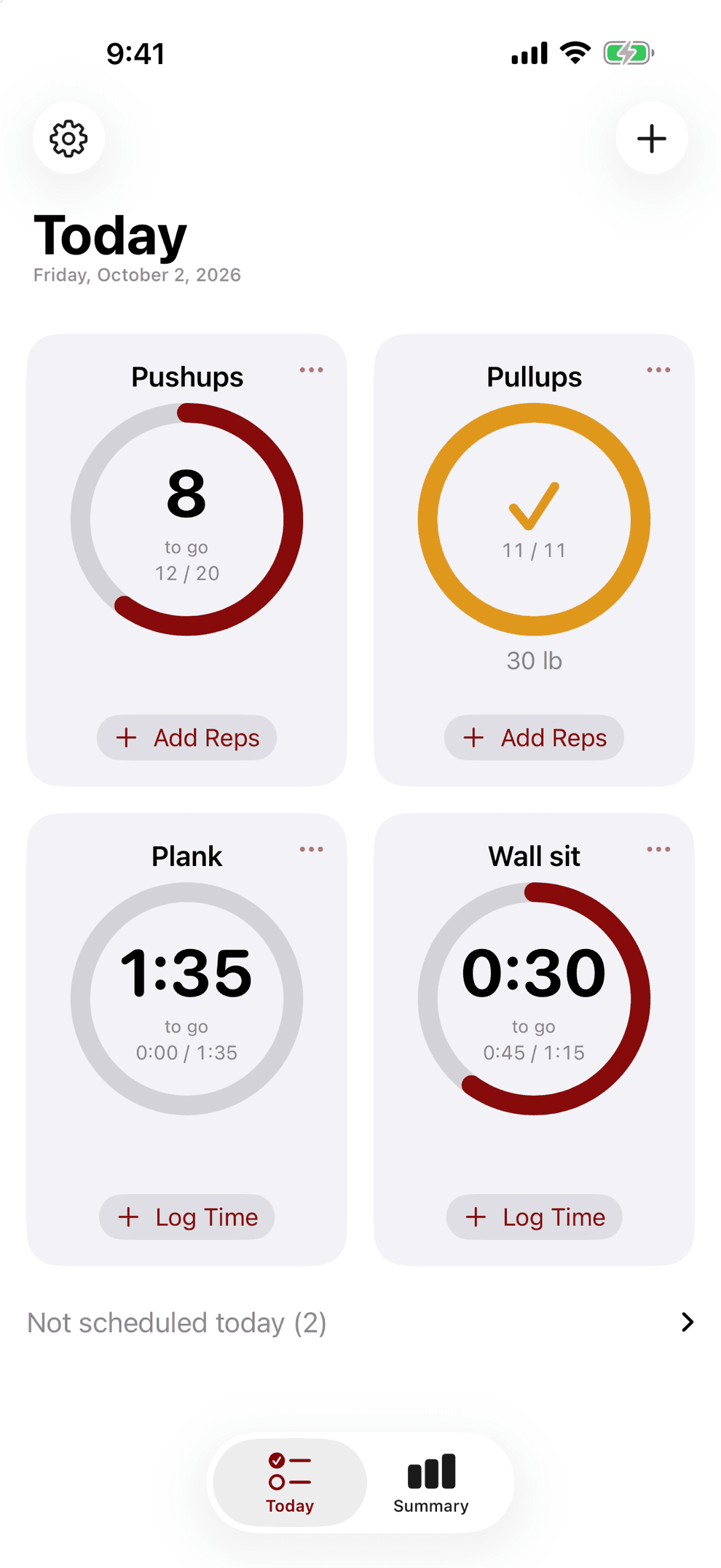 RepLadder's Today screen in light appearance: rings for pushups, pullups, a plank and a wall sit, with the pullups ring complete.