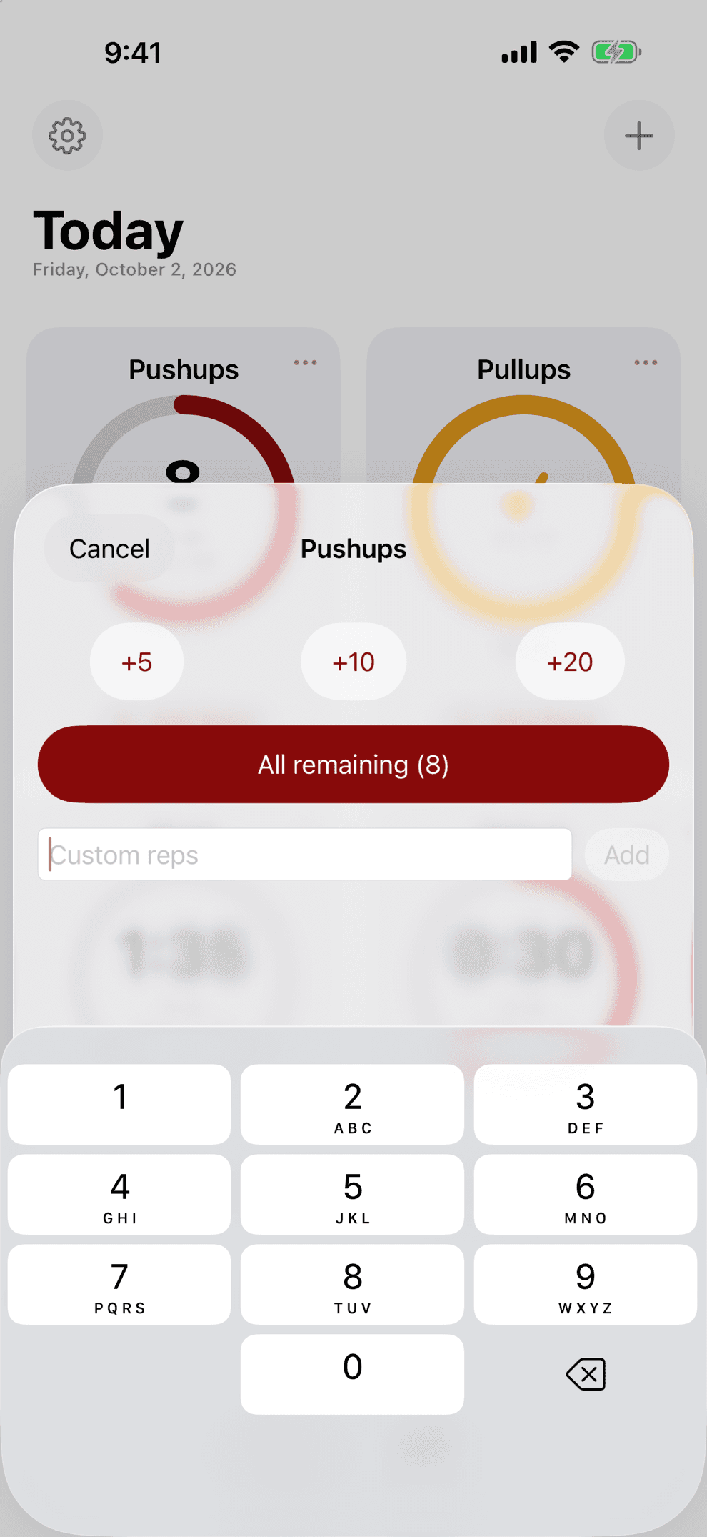 The Add Reps sheet with +5, +10 and +20 buttons, an All remaining button and a custom reps field.
