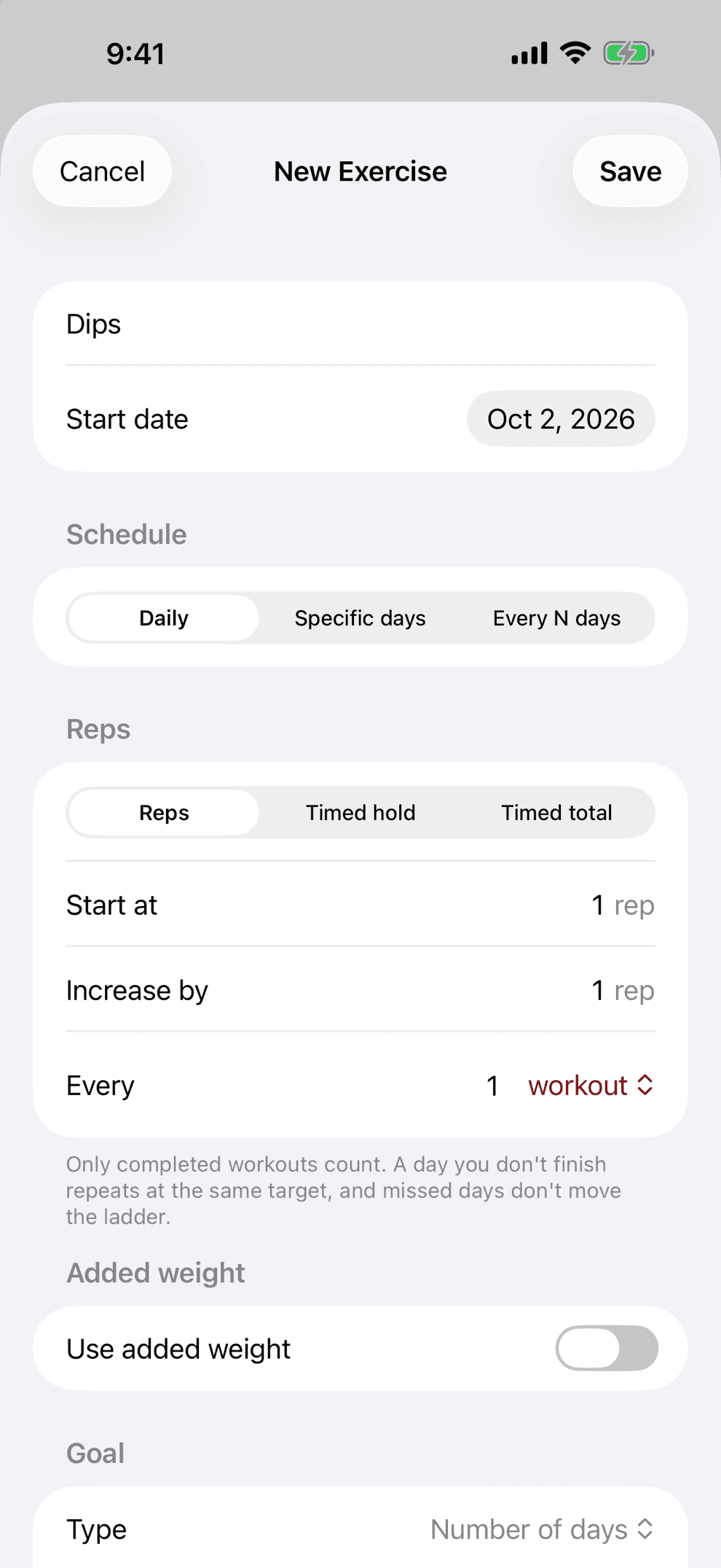 The New Exercise form with schedule, measure, starting target, increase, interval and goal fields.