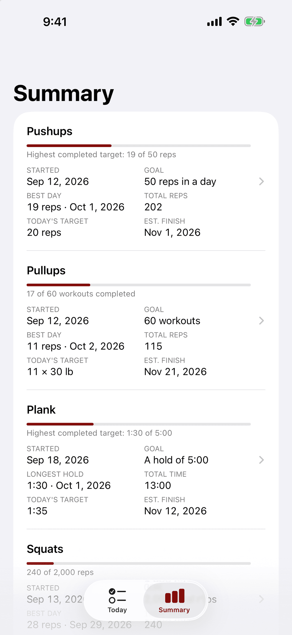 The Summary tab with a progress bar and totals for each exercise.