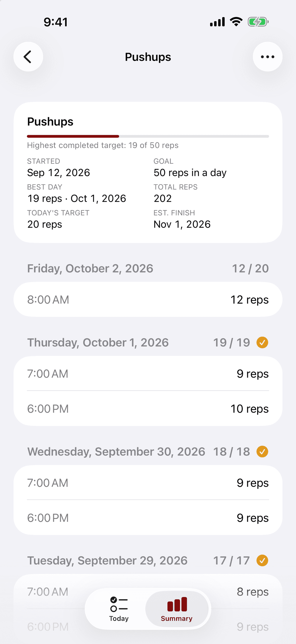 One exercise's history: stats at the top, then each day with its reps and a gold check.